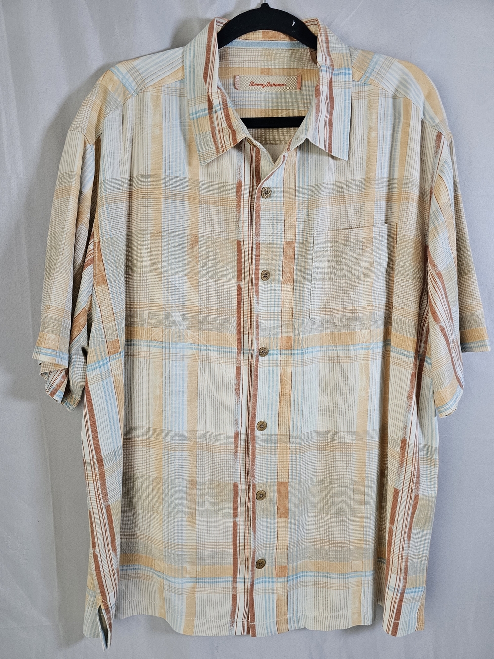 Tommy Bahama Shirt Men's XL Orange Blue Striped Silk Short Sleeve Hawaiian